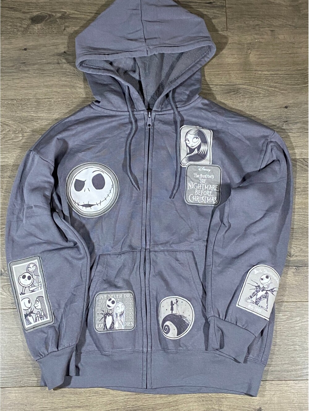 Disney Nightmare Before Christmas Hoodie Womens L Gray Jack Sally Patch Zip Up